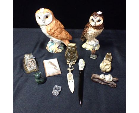 A BESWICK POTTERY BARN OWLmodel 1046, 20cm high, a Royal Doulton owl whisky decanter (empty), a bronze owl letter clip, a bro