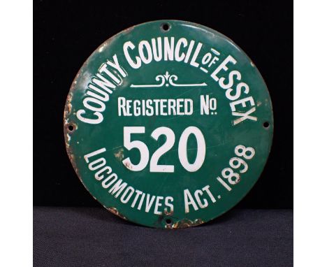 AN ENAMEL LOCOMOTIVES ACT 1898 REGISTRATION PLAQUEprobably for a traction engine, County Council of Essex, Registered No.520 