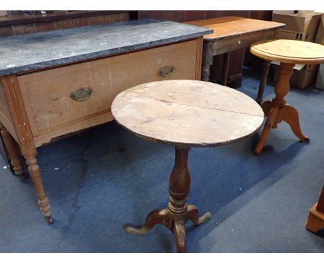 A 19th CENTURY OAK COUNTRY TRIPOD TABLE48cm dia, a pine and ash kitchen side table, a modern pine tripod table, and a marble 