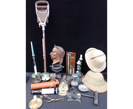 A CAST IRON QUEEN VICTORIA PORTRAIT HEAD25cm high,  a 'Baumanometer' blood pressure gauge, shooting stick, two solar topees, 