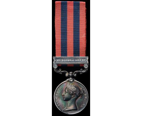 India General Service, 1854-1895, single clasp, Chin Lushai 1889-90 (848 Pte J. Leach. 1st Bn. K. O. Sco. Bord.); engraved in