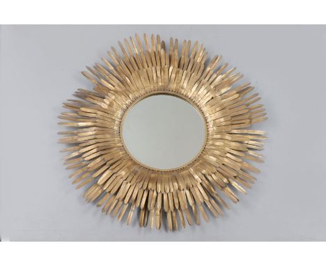   Wandspiegel im Mid Century Stil (sogenannter Sonnenspiegel)Blech/Metall, goldfarben lackiert, r  Wandspiegel im Mid Century