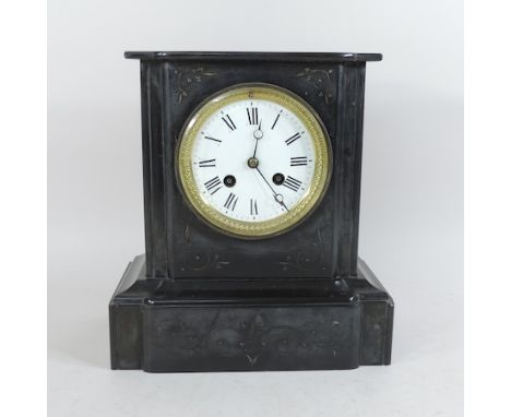 An Edwardian slate mantle clock, with a white enamel dial, 25cm tall