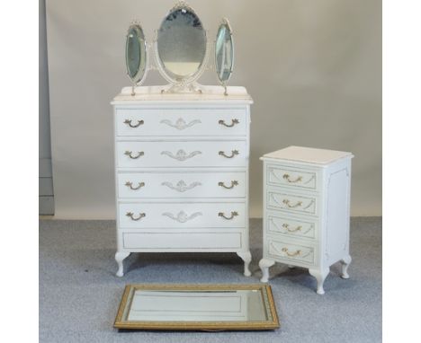 A cream and gilt decorated chest, 85cm, together with a vanity mirror, a bedside chest, and a gilt wall mirror