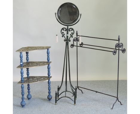 A brass and blue painted three tier whatnot, 79cm tall, together with a painted metal shaving mirror, 142cm tall, and a metal
