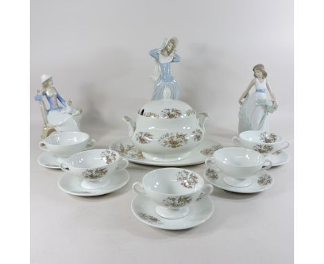 A Lladro figure of a lady, 38cm tall, a Nao figure and another, together with other china