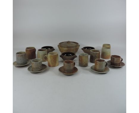 A Sarah Walton studio pottery bowl, with lid, 23cm diameter, various cups and mugs, stamped SW, together with three Leach pot