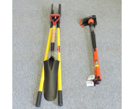 A posthole digger and spade, together with a fibreglass axe and a log splitter 