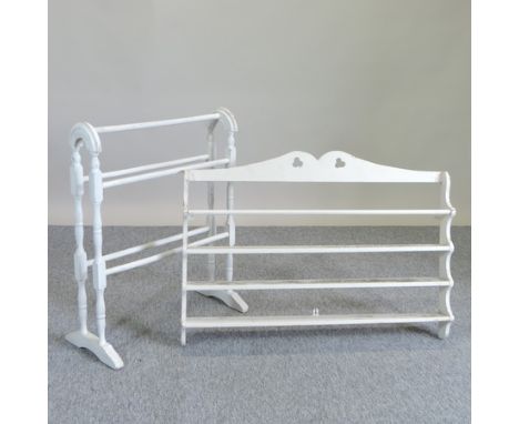 A white painted towel rail, together with a pine shelf, 95cm
