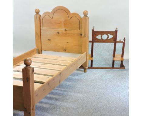 A pine single bedstead, 102cm, together with an Edwardian wall mirror