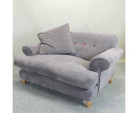 A modern grey upholstered snuggler sofa, 145cm 