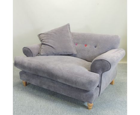 A modern grey upholstered snuggler sofa, 145cm 