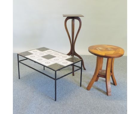 A 1970's tile top and metal framed coffee table, 80cm, together with two jardiniere stands