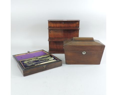 A Regency rosewood tea caddy, 22cm, together with an early 20th century drawing set, in a fitted case, and a small shelf 