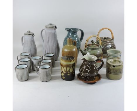 A collection of studio pottery, to include a Bath pottery coffee set, tallest 28cm, together with a pottery lamp with a macra