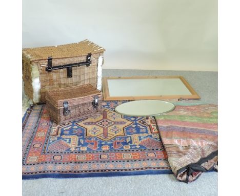 A Turkish rug, with geometric designs, 159 x 150, together with a pine mirror, an oval mirror,  a large wicker laundry basket