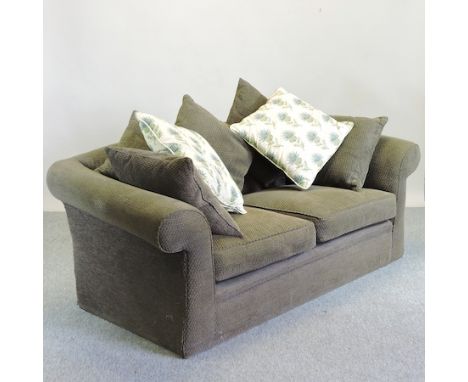 A brown upholstered sofa, with loose cushions, 190cm 