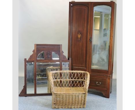 An Edwardian mahogany and inlaid single wardrobe, 88cm, together with a carved walnut mirror and a wicker seat