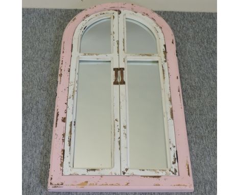 A pink painted wooden shutter wall mirror, 99cm x 53cm overall