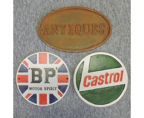 A rusted 'Antiques' sign, 35cm, together with a BP and a Castrol sign 