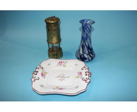 Miners lamp, glass vase and Victorian plate