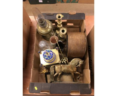 Box of assorted, reproduction Cloisonne clock, oil lamp etc.