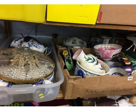 Three boxes of assorted china, light fittings etc.