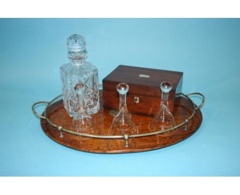 Oak tray, decanter, mahogany box etc.