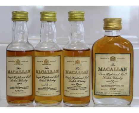 Four Macallan Single Highland Malt Scotch Whisky miniatures - 1963; Over 16 Years Old; and 2 x 10 Years Old. Each 5cl.&nbsp; 