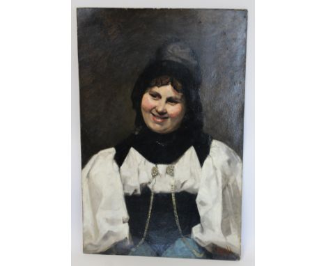 Florence Veric Hardy Small (1860-1933). Portrait of a girl in traditional costume, possibly Swiss or Portuguese. Oil on board