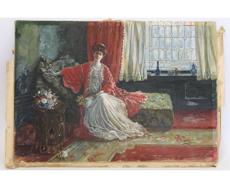 Victorian School. Portrait of a lady in an interior. Watercolour and gum - unframed. 27cm x 38.5cm. Indistinctly signed, with