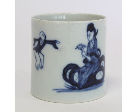Mid 18th century Richard Chaffers & Co. Liverpool porcelain blue and white coffee can in "Jumping Boy" pattern, c.1756 to 176