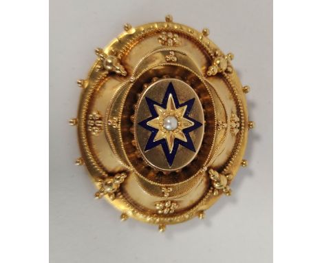 Victorian gold and opal brooch with pearl and enamelled star, probably 15ct, 14g gross.Height - 5cmWidth - 4cm 