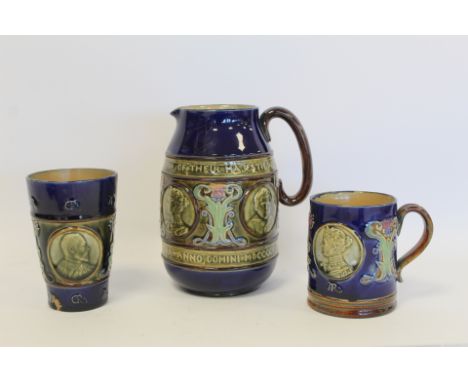 Royal Doulton Commemorative stoneware jug, beaker and mug for The Coronation of Edward VII and Queen Alexandra, 1902, the rel