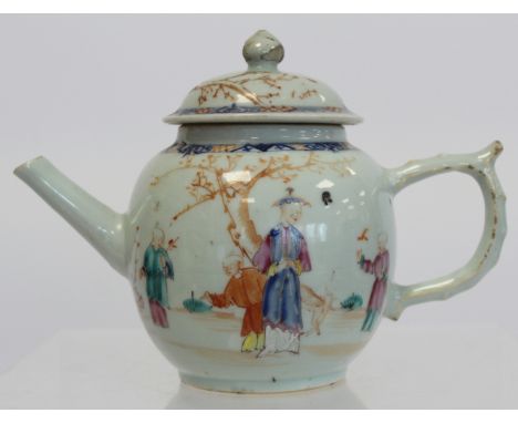 18th century Chinese porcelain teapot of bullet form decorated with figures in a landscape in polychrome enamels, 16cm high.C