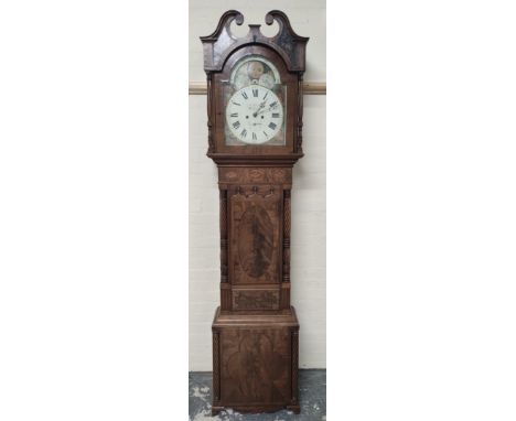 Eight-day long case clock by Josh Walker, Workington, with 14¼" dial, lunar work in the arch and figures representing the Con