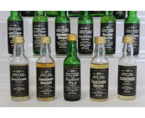Collection of sixteen Wm. Cadenhead Malt Scotch Whisky miniatures including Glenlivet, Bowmore, Glenkinchie, Bladnoch, etc.&n