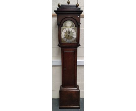 Eight day long case clock by R Jackson, Hexham, with silver and brass 12¼" dial with matted centre and date aperture, in plai