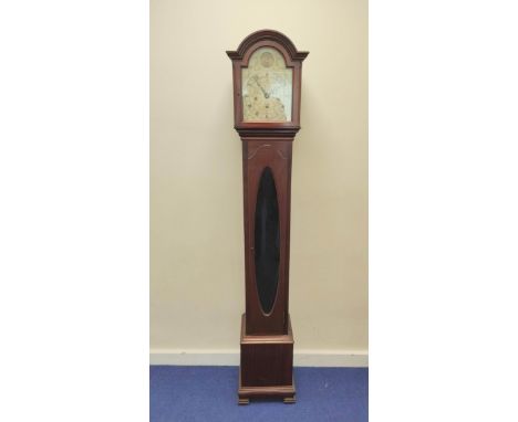 Eight day 'Grandmother' clock for Sorley Glasgow, three train with silvered arch dial in mahogany case, with elliptical glaze