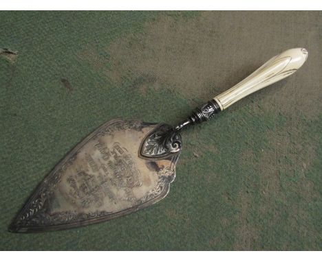 A Victorian ceremonial trowel "Memorial Stone of the New Wesleyan Chapel Eye Suffolk October 24 1877", ivory handle