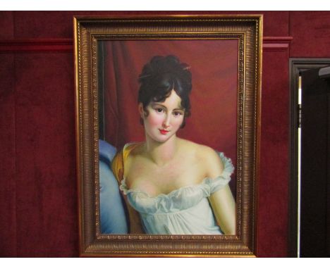 A large 20th Century print and oil on canvas portrait of young lady in the Regency style, unsigned, gilt framed, 84x60cm