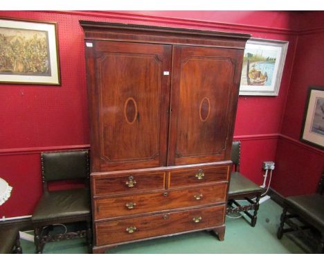 A 19th Century mahogany inlaid wardrobe, over a two short and two long drawer base, bracket feet