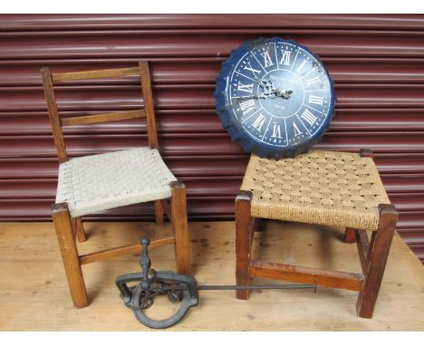 A part cheese press and stilyard scale, child's string seat chair and stool and a novelty bottle-top shaped wall clock (5)