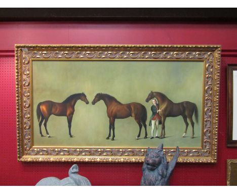 A large 20th Centurv print and oil on canvas depicting three horses and handler in 19th Century dress, gilt framed, 60x119cm