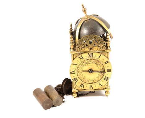 Brass lantern clock, in part late 17th century, height of case excluding bell 27cm.Condition report:Replaced top finial and f