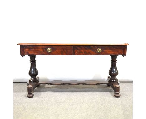 Victorian mahogany two-drawer serving table, the top with rounded corners and moulded edge, baluster turned legs joined by a 