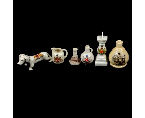 Good collection of Market Harborough crested ware, including Goss Marmalade preserve pot and cover, Melrose Cup, Bulldog in a