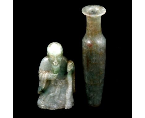 Chinese jade miniature vase, flared rim, tapering body, 10.5cm, chipped rim, and a carved jade figure of an elder with a staf