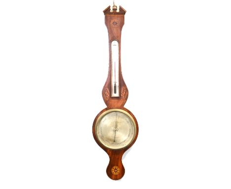 C Prada &amp; Co, London, an Edwardian inlaid mahogany barometer, arched silvered thermometer dial, inlaid with shell motifs 