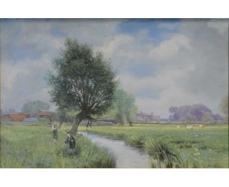 R Saffani, Meadow landscape with boys fishing, oil on canvas, 41 x 61cm.